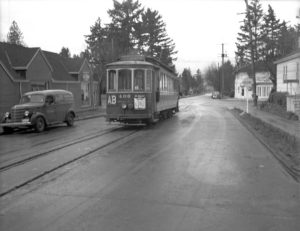 A photo from June 1940 looking north on NE 30th of the Alberta Streetcar at its far northern end, NE 30th and Ainsworth. Only the building on the northeast corner remains. Photo courtesy of City of Portland Archives.