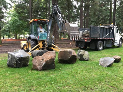 Boulders being placed in Alberta Park